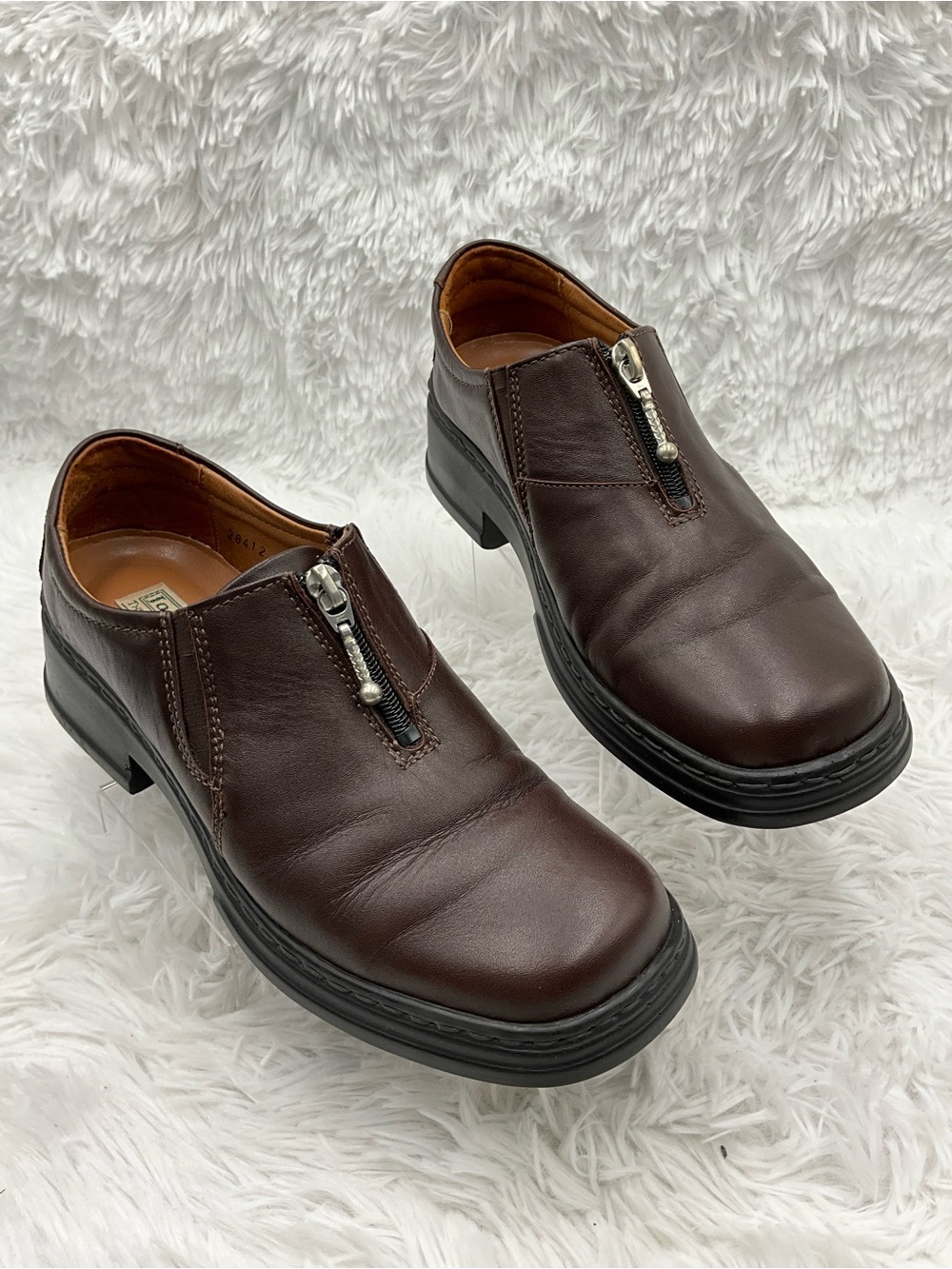 Josef Seibel Leather Loafer EU37 (US 6-6.5) Brown Zip-Front Chunky Heel